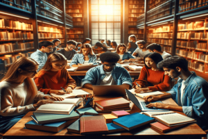 An image depicting a diverse group of students studying together in a library or a study room.