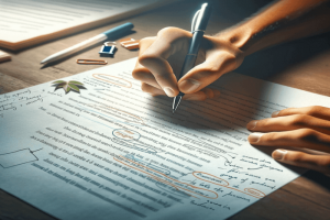 A focused image of a student's hand writing an essay, with visible paragraphs 