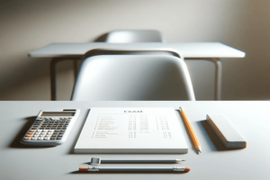 A minimalistic image showing a student's desk during an exam setup with only the essentials