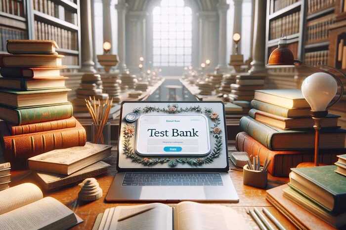 A laptop on a library table with a test bank login page, surrounded by books