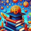 Illustration of educational symbols alongside cryptocurrency and blockchain icons, highlighting courses for learners at various levels